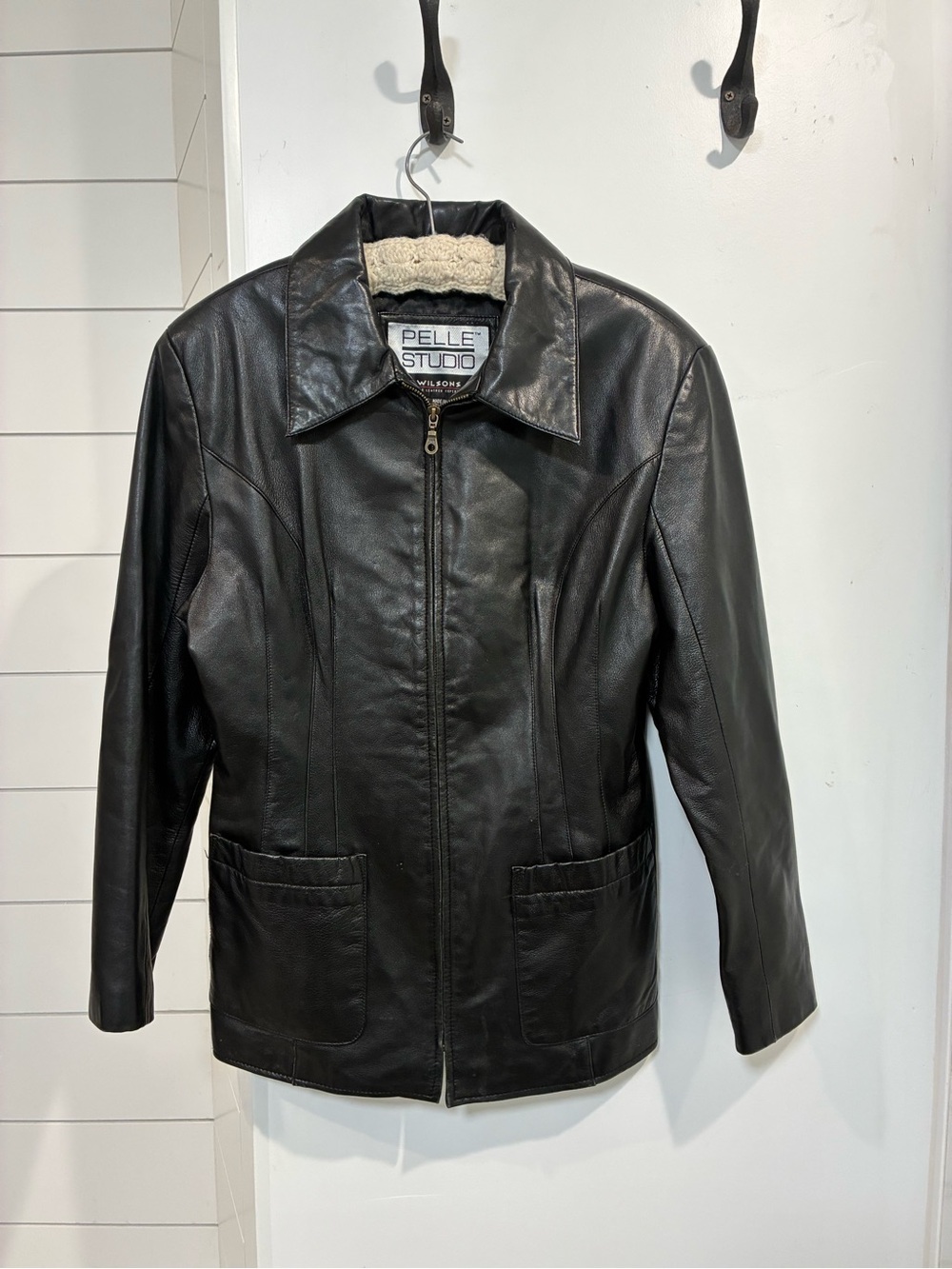 Wilsons Black Leather Jacket blazer Cut collar zip up pockets Classic minimalist